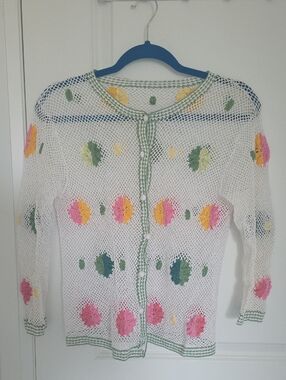 Handmade Crochet Cardigan with Pink, Yellow & Green Floral Accents